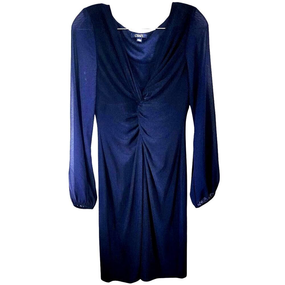 Chaps Royal Blue Ruched Front Semi Sheer Sleeves V Neck Midi Dress Size 6